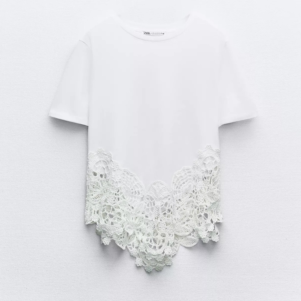 Zara white cotton tee with crochet